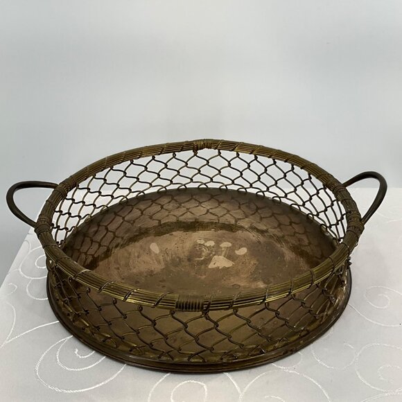 Vintage Brass Round Wire Basket Tray With Handles 12" Diameter‎ - Picture 2 of 5